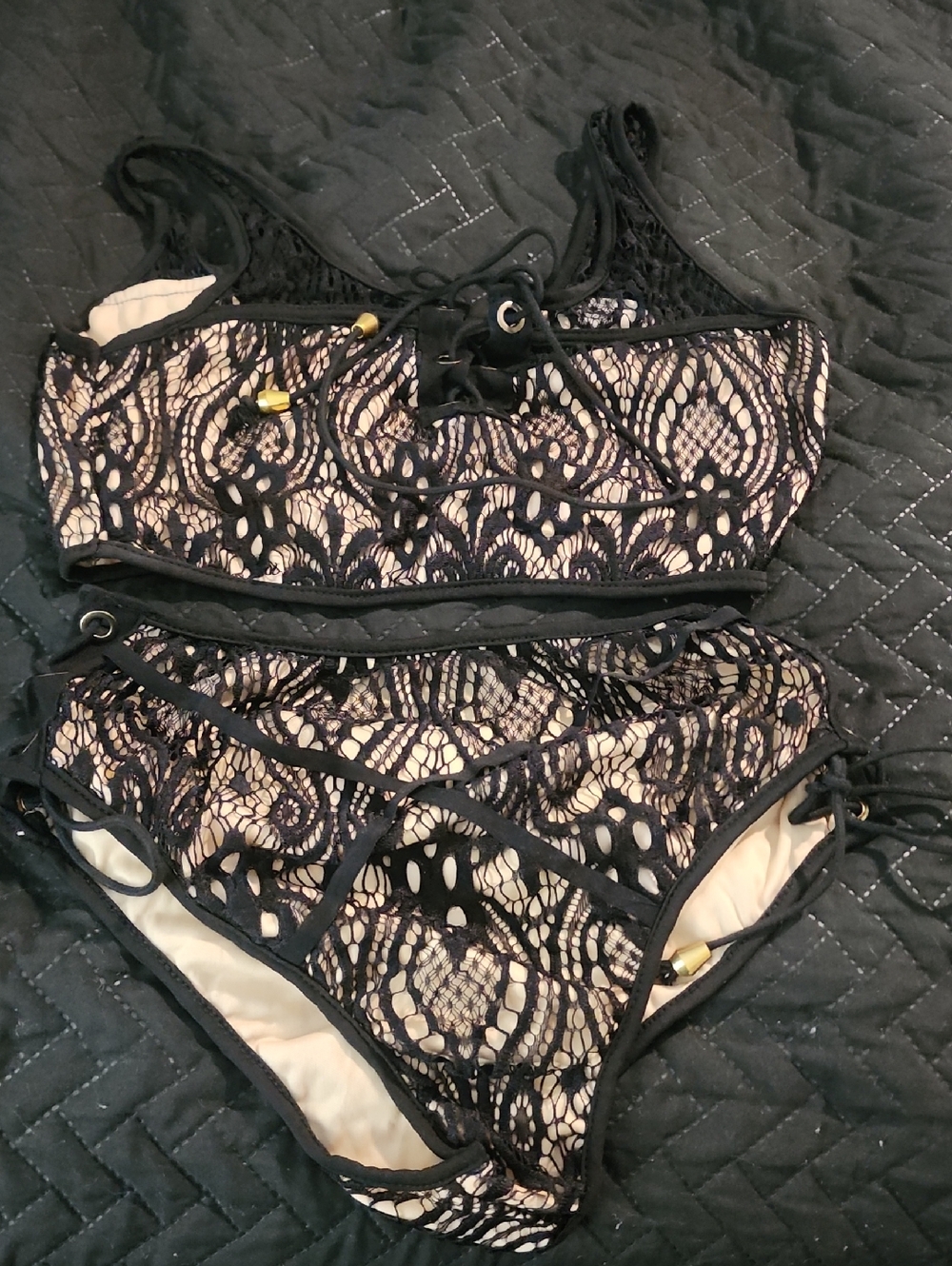 2 Pc Black Lace Overlay Bikini Set with Beige Lining